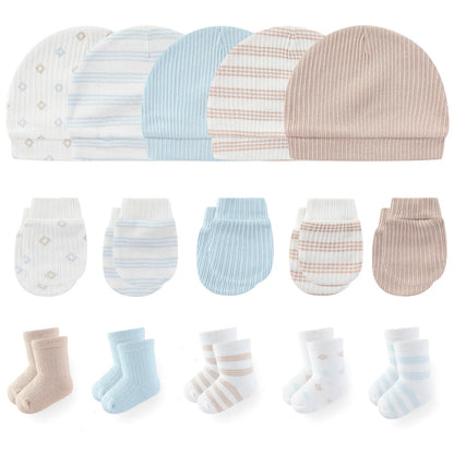 LittleMaylah™ 15-Piece Newborn Baby Accessories Set – 100% Cotton Hats, Gloves & Socks with Cartoon Prints (0-6M, Unisex)