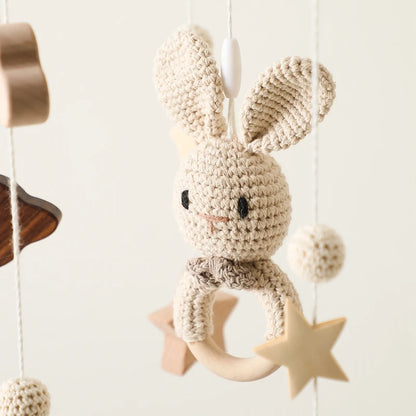 LittleMaylah™ Baby Wooden Bed Bell – Cartoon Rabbit Crib Mobile with Hanging Rattles