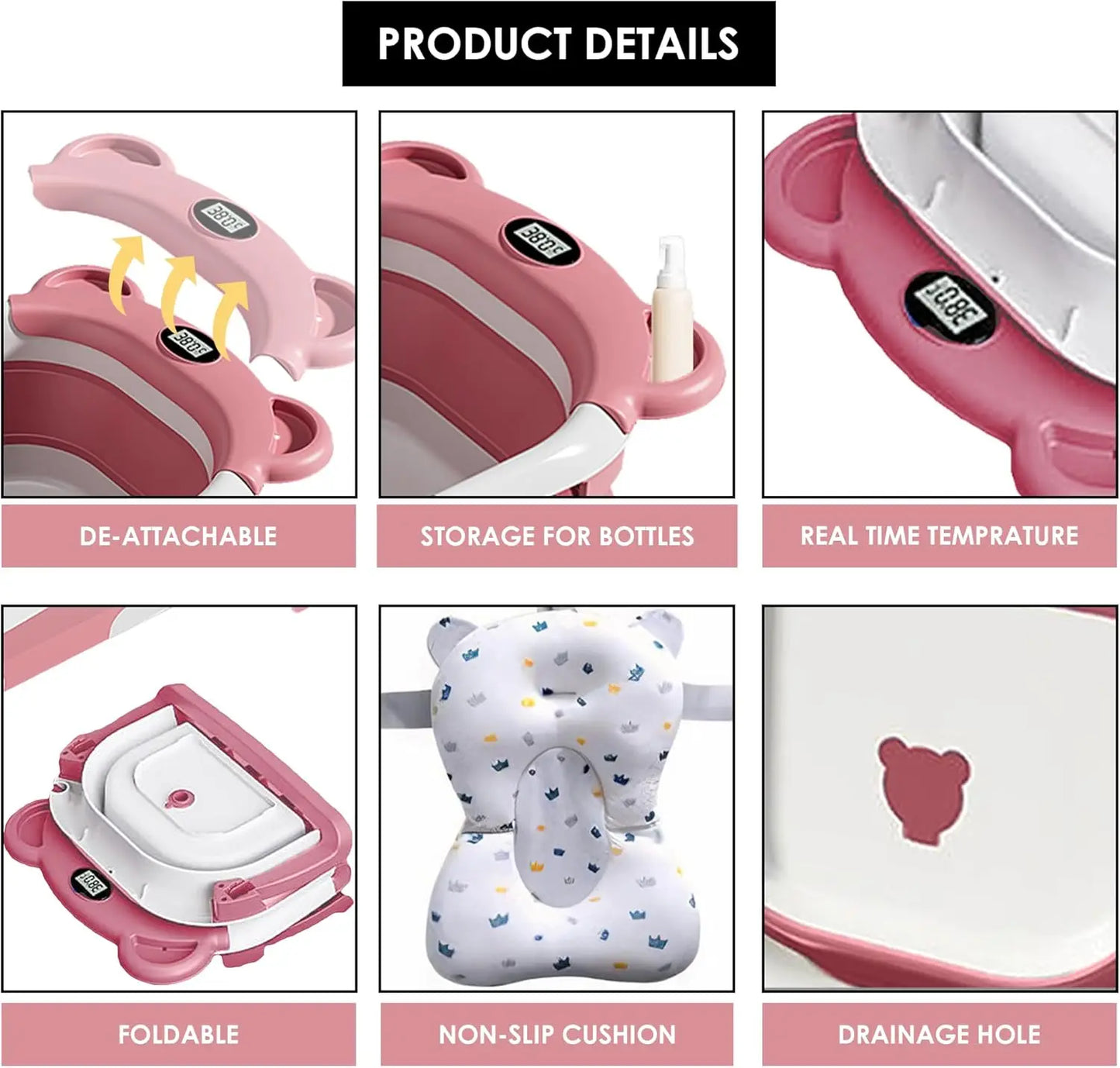 Baby Bathtub for Newborns with Drain Hole, Foldable Toddler Bathtub with Soft Padding, Portable Travel Bathtub