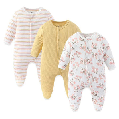 LittleMaylah™ 3pcs Baby Rompers – 100% Cotton, Long Sleeve, Solid Color Newborn Outfit Set (0-12M)