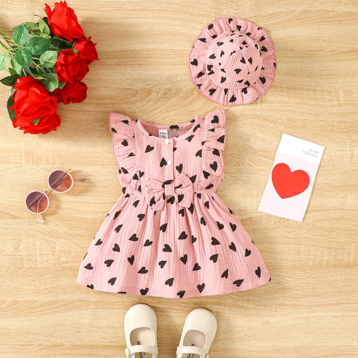 LittleMaylah™ 2-Piece Newborn Baby Girl Dress Set – Sleeveless Love Print Dress with Matching Hat