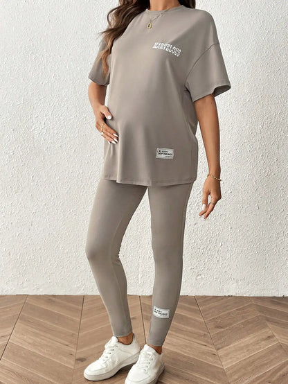 Gray casual pregnant women large size round neck short sleeve nine-point pants home two-piece set