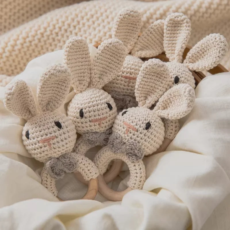 LittleMaylah™ Baby Crochet Rattle Wooden Teether Toy BPA Free Wood Rodent Rabbit Rattle Baby Mobile Play Gym Newborn Educational Music Toys