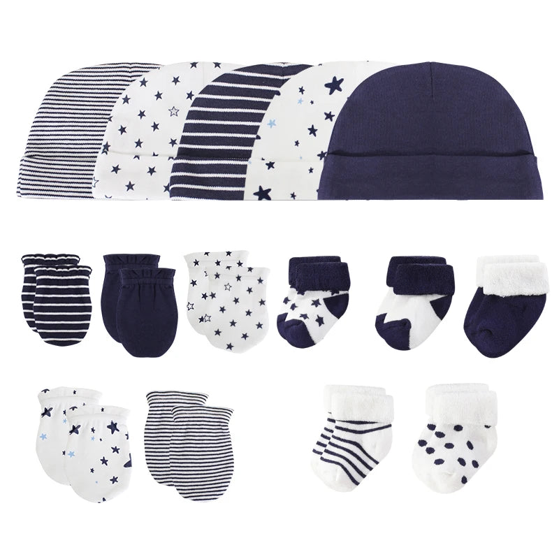 LittleMaylah™ 15-Piece Newborn Baby Accessories Set – 100% Cotton Hats, Gloves & Socks with Cartoon Prints (0-6M, Unisex)