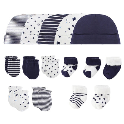 LittleMaylah™ 15-Piece Newborn Baby Accessories Set – 100% Cotton Hats, Gloves & Socks with Cartoon Prints (0-6M, Unisex)