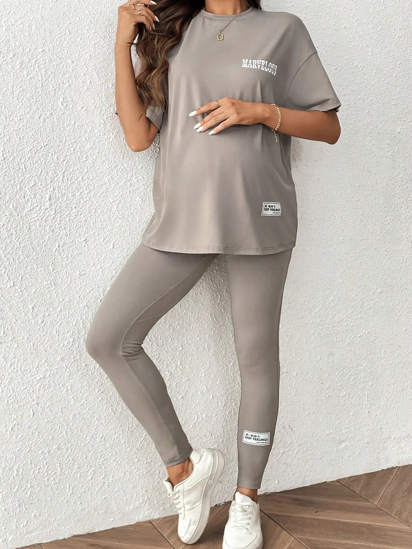 Gray casual pregnant women large size round neck short sleeve nine-point pants home two-piece set