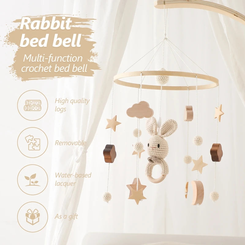 LittleMaylah™ Baby Wooden Bed Bell – Cartoon Rabbit Crib Mobile with Hanging Rattles