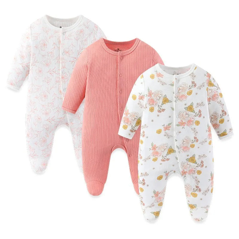 LittleMaylah™ 3pcs Baby Rompers – 100% Cotton, Long Sleeve, Solid Color Newborn Outfit Set (0-12M)