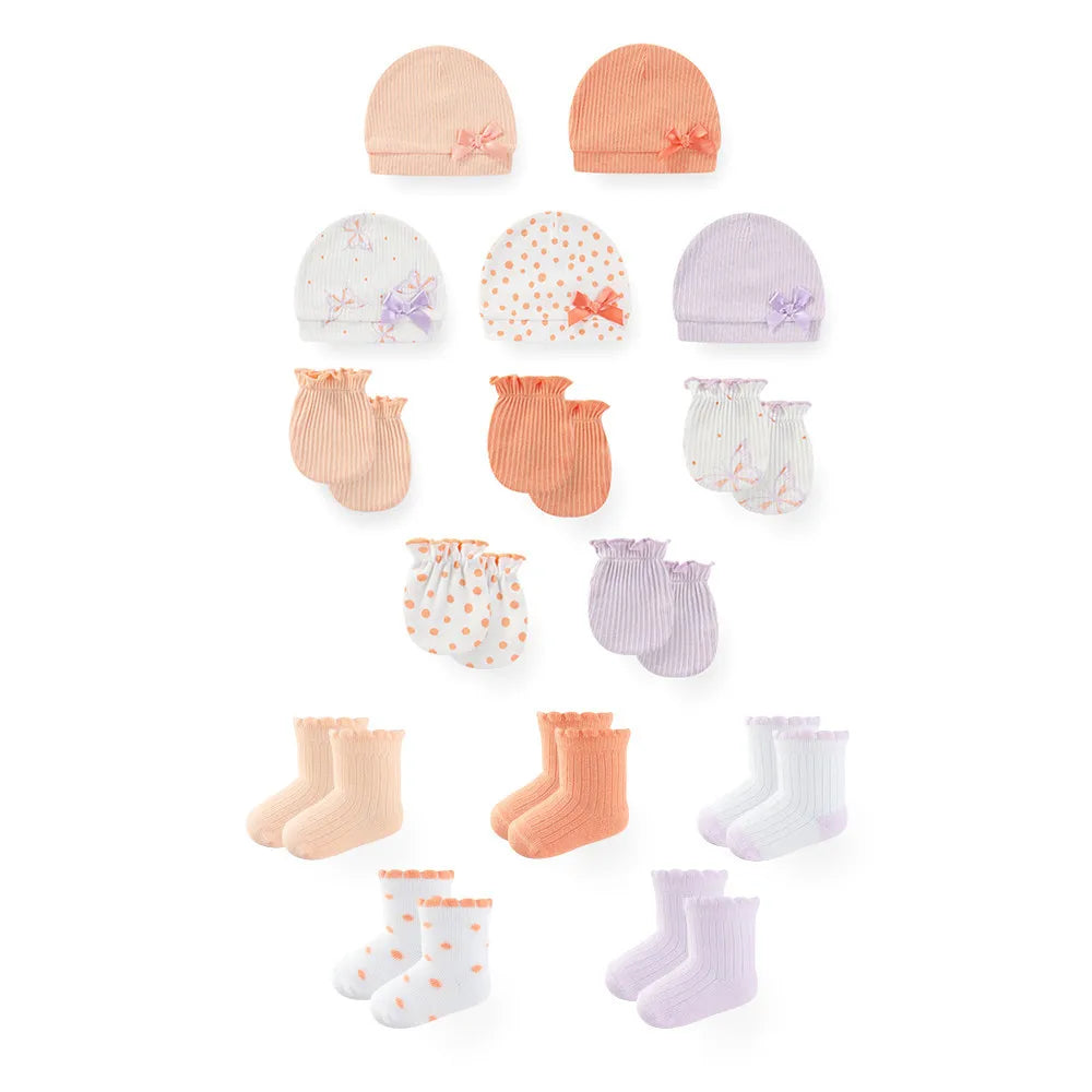 LittleMaylah™ 15-Piece Newborn Baby Accessories Set – 100% Cotton Hats, Gloves & Socks with Cartoon Prints (0-6M, Unisex)