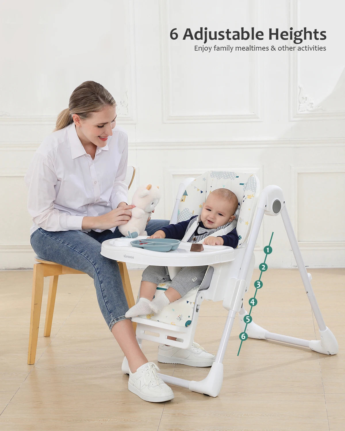 Baby Highchair 6 Months Plus Baby Eating High Chair with Foldable, Reclining, Double Tray, Easy Clean Feeding Highchair