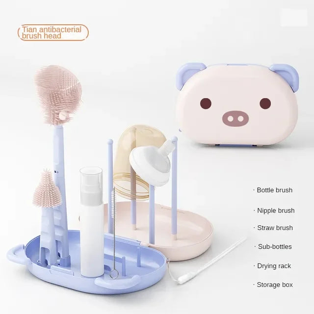 LittleMaylah™ Portable Baby Bottle Cleaning Brush Set – Travel-Sized Silicone Brushes with Drying Rack, Nipple & Straw Cleaner, BPA-Free