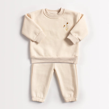LittleMaylah™ Baby Girls & Boys Fleece Tracksuit Set – Embroidered Daisy Pullover & Jogger Pants