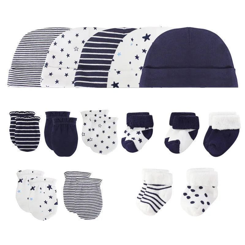 LittleMaylah™ 15-Piece Newborn Baby Accessories Set – 100% Cotton Hats, Gloves & Socks with Cartoon Prints (0-6M, Unisex)