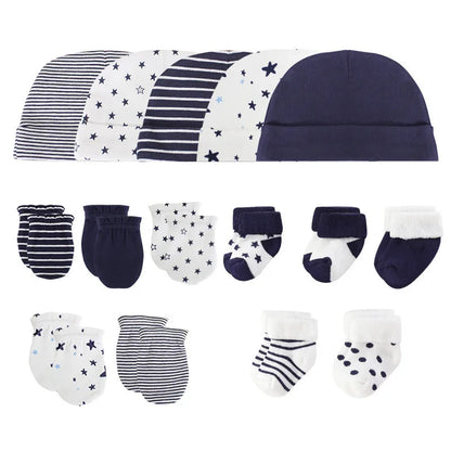 LittleMaylah™ 15-Piece Newborn Baby Accessories Set – 100% Cotton Hats, Gloves & Socks with Cartoon Prints (0-6M, Unisex)