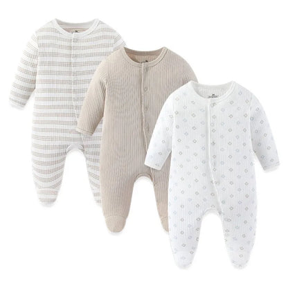 LittleMaylah™ 3pcs Baby Rompers – 100% Cotton, Long Sleeve, Solid Color Newborn Outfit Set (0-12M)