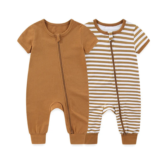 LittleMaylah™ 2-Piece Baby Romper Set – Solid Short Sleeve Cotton Zipper Jumpsuits (Unisex)