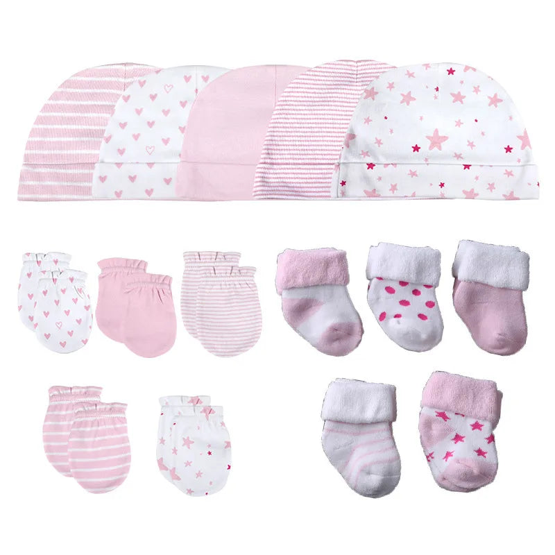 LittleMaylah™ 15-Piece Newborn Baby Accessories Set – 100% Cotton Hats, Gloves & Socks with Cartoon Prints (0-6M, Unisex)