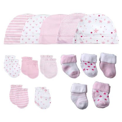 LittleMaylah™ 15-Piece Newborn Baby Accessories Set – 100% Cotton Hats, Gloves & Socks with Cartoon Prints (0-6M, Unisex)