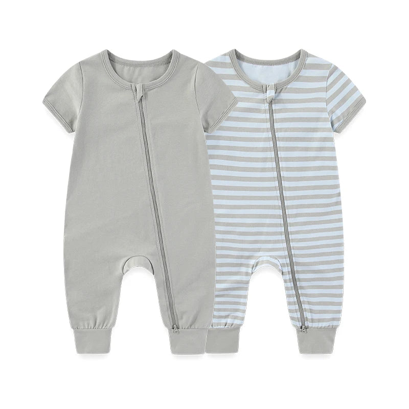 LittleMaylah™ 2-Piece Baby Romper Set – Solid Short Sleeve Cotton Zipper Jumpsuits (Unisex)