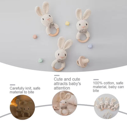 LittleMaylah™ Baby Crochet Rattle Wooden Teether Toy BPA Free Wood Rodent Rabbit Rattle Baby Mobile Play Gym Newborn Educational Music Toys
