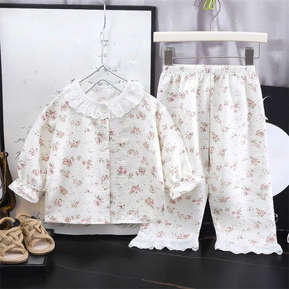 LittleMaylah™ Girls Kids Home Clothes Set – Loose Thin Pajamas with Lace & Floral Design