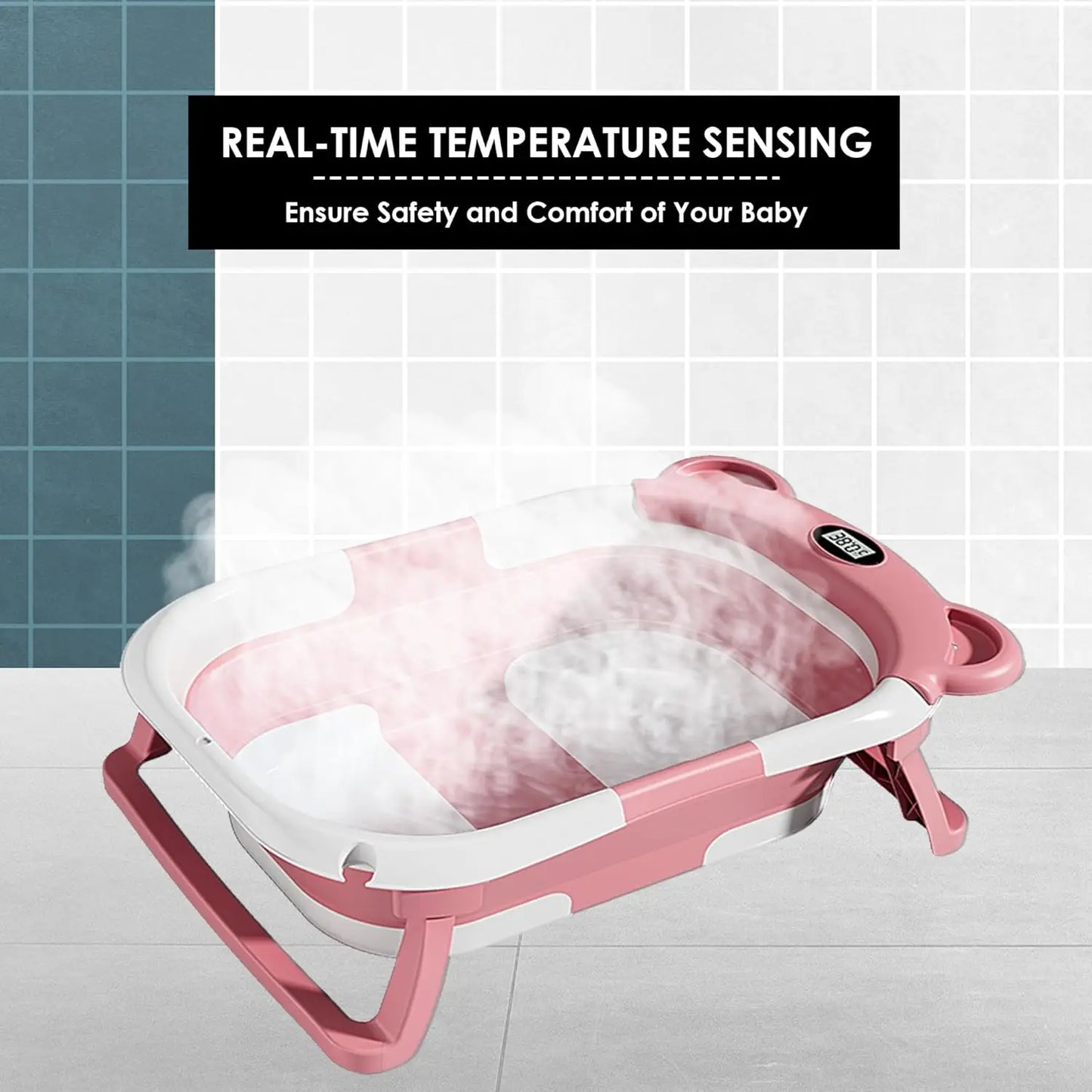 Baby Bathtub for Newborns with Drain Hole, Foldable Toddler Bathtub with Soft Padding, Portable Travel Bathtub