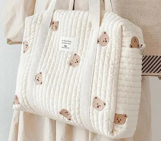 LittleMaylah™ Cute Bear Flower Embroidery Pattern Baby Beige Cotton Fabric Zipper Diaper Handbag New Luggage Bag