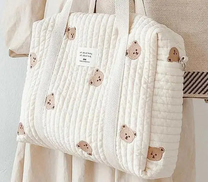 LittleMaylah™ Cute Bear Flower Embroidery Pattern Baby Beige Cotton Fabric Zipper Diaper Handbag New Luggage Bag