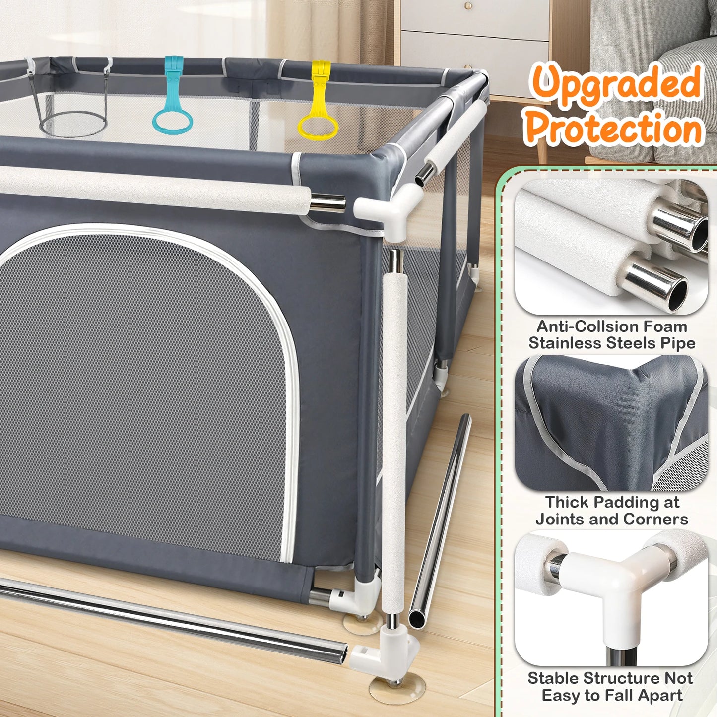 Baby Playpen 128×128×68 cm with Anti-Collision Foam, Baby Fence with Breathable Mesh Indoor Outdoor Play Yard for Babies and Tod