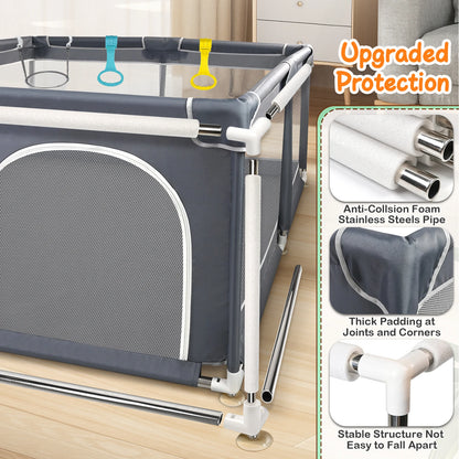 Baby Playpen 128×128×68 cm with Anti-Collision Foam, Baby Fence with Breathable Mesh Indoor Outdoor Play Yard for Babies and Tod