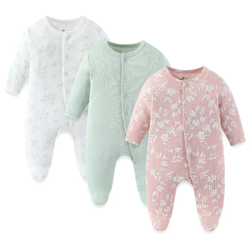 LittleMaylah™ 3pcs Baby Rompers – 100% Cotton, Long Sleeve, Solid Color Newborn Outfit Set (0-12M)