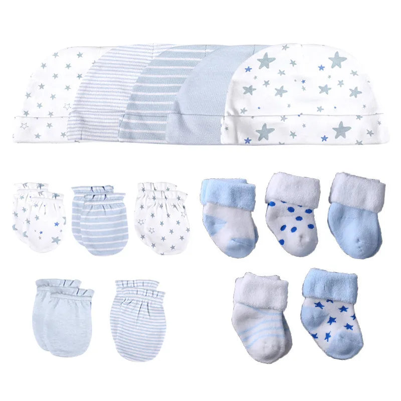 LittleMaylah™ 15-Piece Newborn Baby Accessories Set – 100% Cotton Hats, Gloves & Socks with Cartoon Prints (0-6M, Unisex)