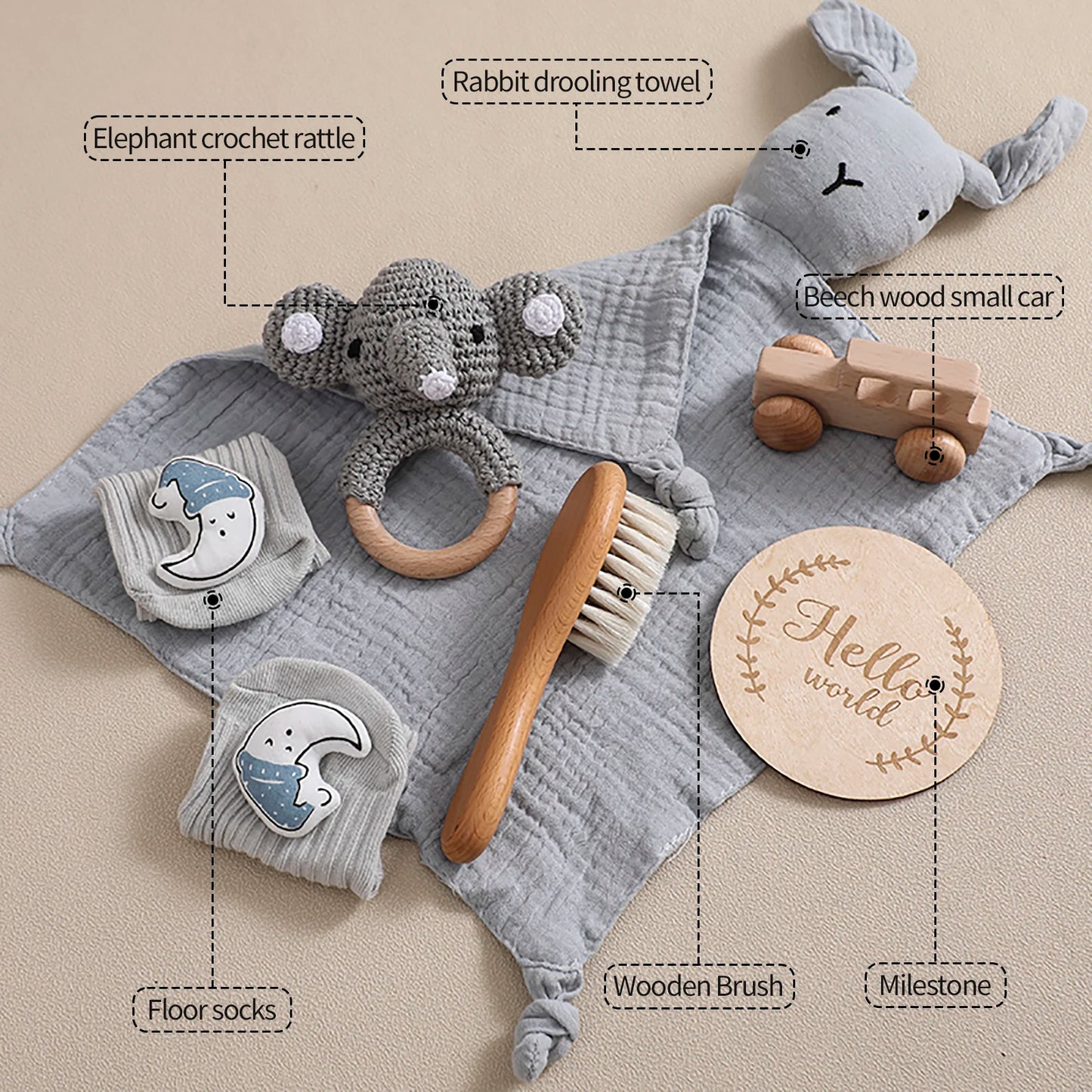 Baby Double Sided Cotton Blanket 7PCS Newborn Bath Set Gift Box Wooden Crochet Rattle Brushs Bracelet Towel For Baby Shower Gift