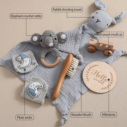Baby Double Sided Cotton Blanket 7PCS Newborn Bath Set Gift Box Wooden Crochet Rattle Brushs Bracelet Towel For Baby Shower Gift