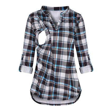 Viviana™ Plaid Printed Pregnant Woman Breastfeeding V-neck Long Sleeve Top
