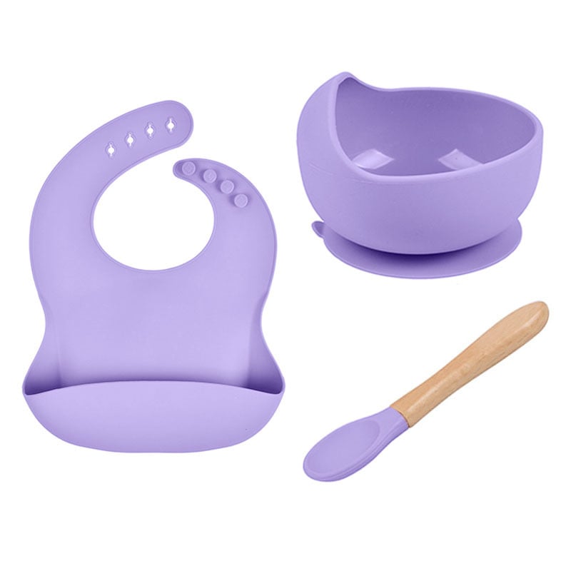 LittleMaylah™ Baby Tableware Set – Silicone Bowl, Bib & Wooden Spoon (3-Piece Set)
