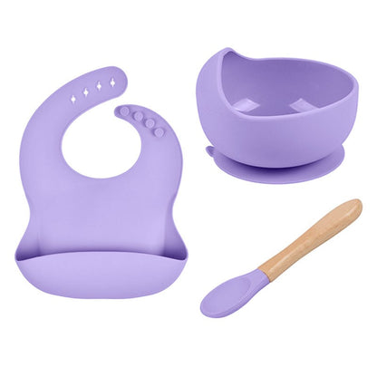 LittleMaylah™ Baby Tableware Set – Silicone Bowl, Bib & Wooden Spoon (3-Piece Set)
