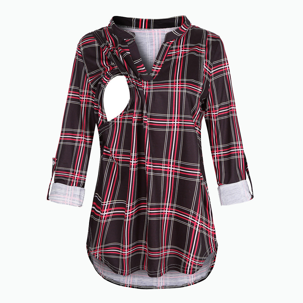 Viviana™ Plaid Printed Pregnant Woman Breastfeeding V-neck Long Sleeve Top