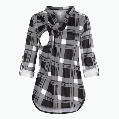 Viviana™ Plaid Printed Pregnant Woman Breastfeeding V-neck Long Sleeve Top
