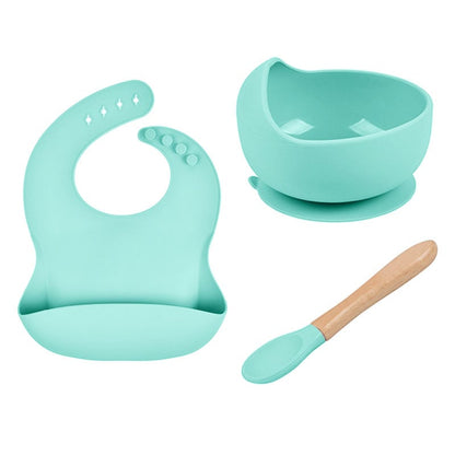LittleMaylah™ Baby Tableware Set – Silicone Bowl, Bib & Wooden Spoon (3-Piece Set)
