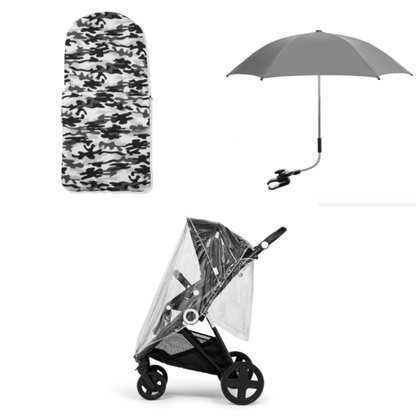 Grey Camouflage Footmuff, Parasol and Universal Rain cover Pushchair Bundle